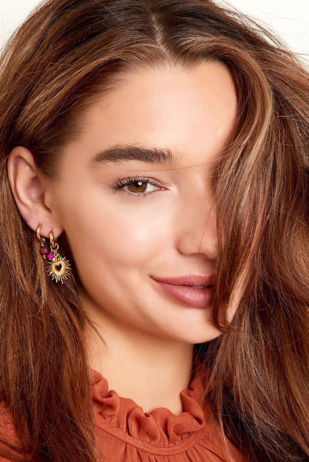 Earrings with heart and beads Gold Color Stainless Steel