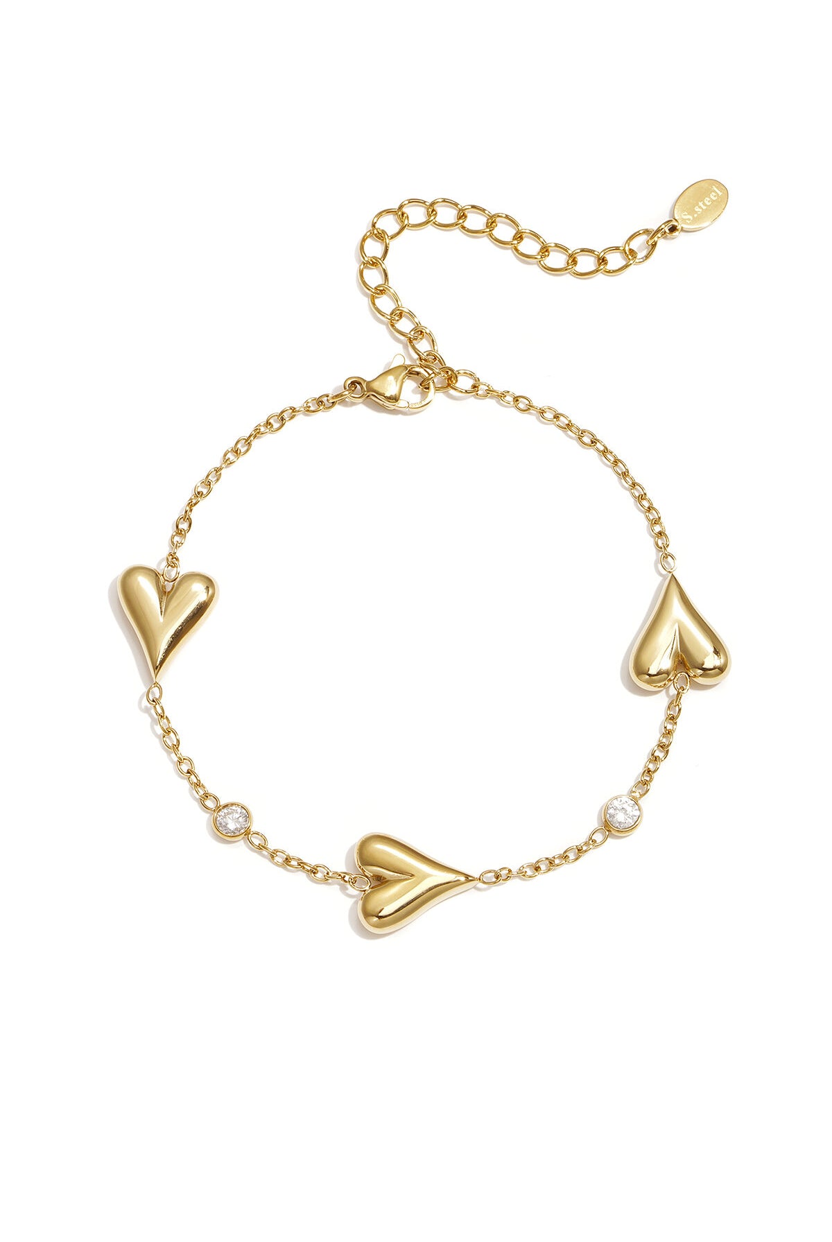 Bracelet with three solid hearts and stones